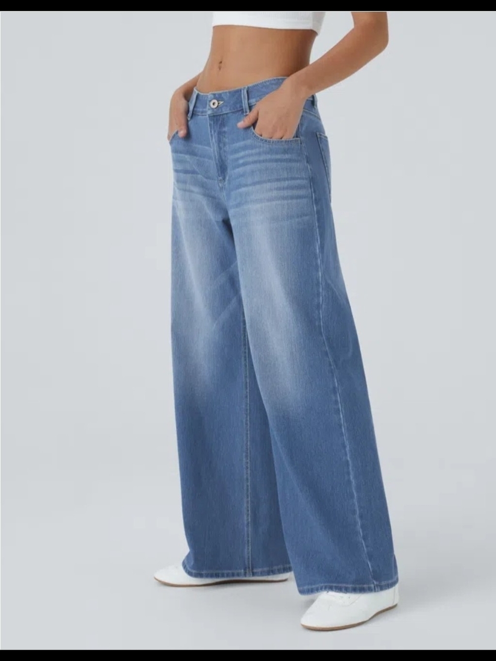 Halara Flex Denim Zipper Low Rise Baggy Wide Sz L  Pocket Washed #023